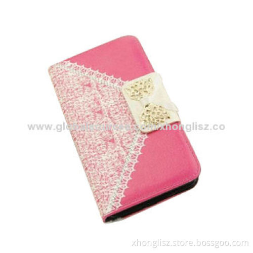 Blingbling & hot popular pebble grain PU phone case, decorated with lace & diamondNew